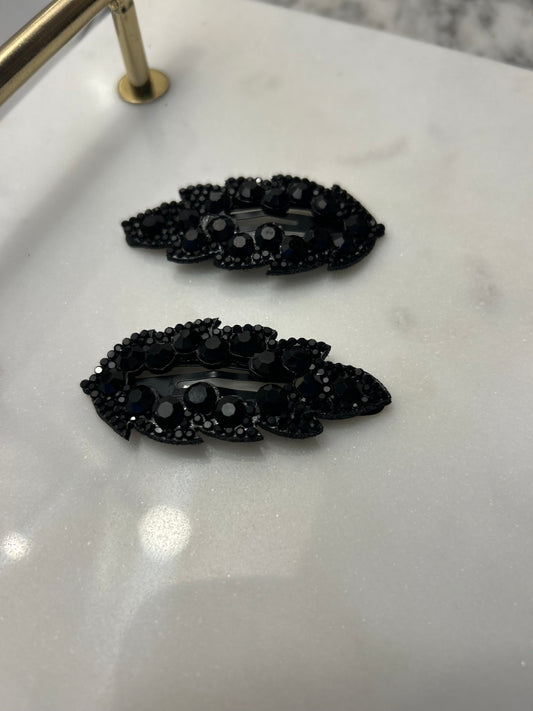 Lot de 2 barrettes à strass noir feuilles